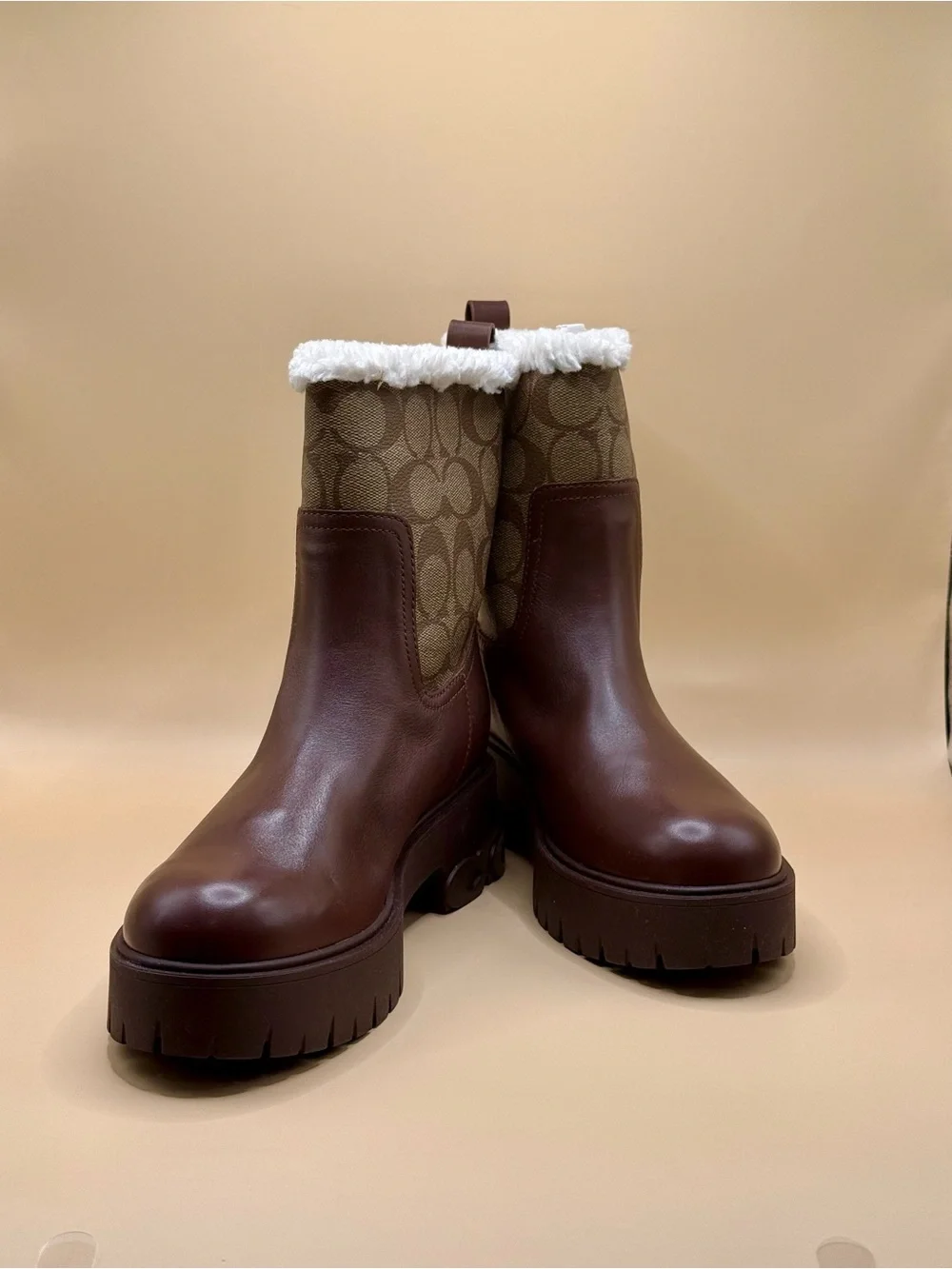 COACH Raina Signature Jacquard and Leather Faux Fur Lined Mid-Calf Boots Size 7